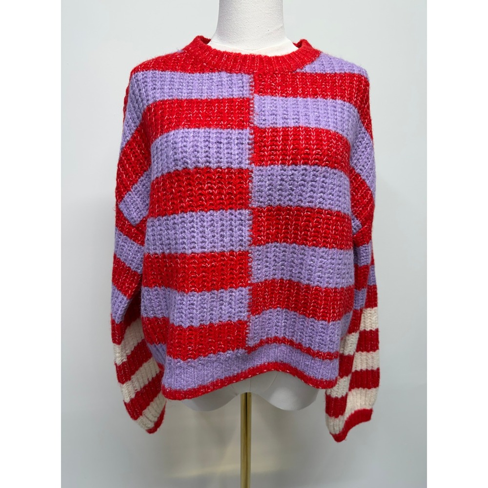 BLANKNYC Striped Chunky Knit Sweater Red Lavender Colorblock Y2K Small
